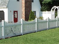 <b>PVC Picket Fence - Scalloped Dog Ear Contemporary Picket White Vinyl Fence plus in the background Tongue and Groove White Vinyl Privacy Fence with Lattice Top and Arbor over a Gate</b>